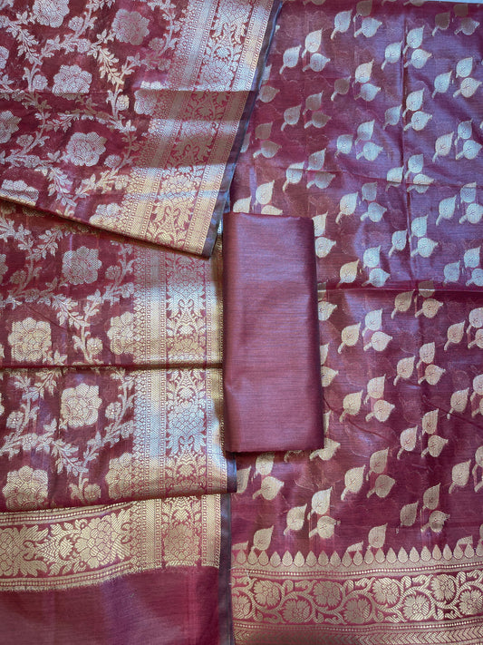 Maroon Cotton Silk Floral Zari Booti Banarasi 3 pcs Suit Set 675JVC_132