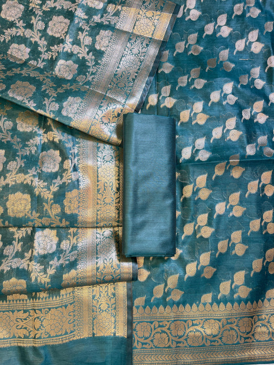 Seagreen Cotton Silk Floral Zari Booti Banarasi 3 pcs Suit Set 675JVC_133