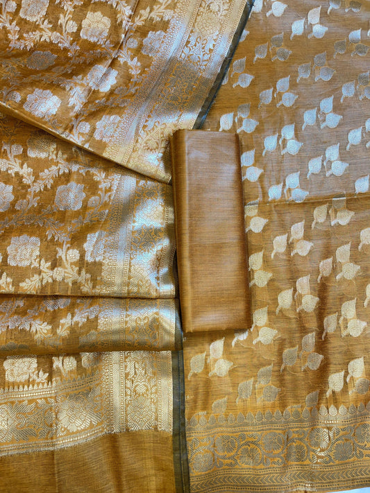 Mustard Yellow Cotton Silk Floral Zari Booti Banarasi 3 pcs Suit Set 675JVC_134