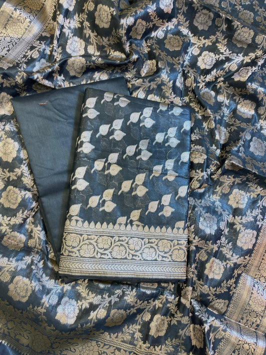 Black Cotton Silk Floral Zari Booti Banarasi 3 pcs Suit Set 675JVC_135