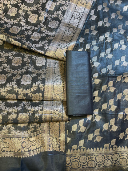 Black Cotton Silk Floral Zari Booti Banarasi 3 pcs Suit Set 675JVC_135