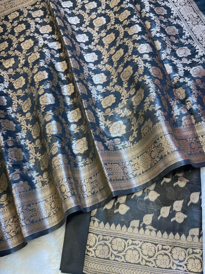 Black Cotton Silk Floral Zari Booti Banarasi 3 pcs Suit Set 675JVC_135