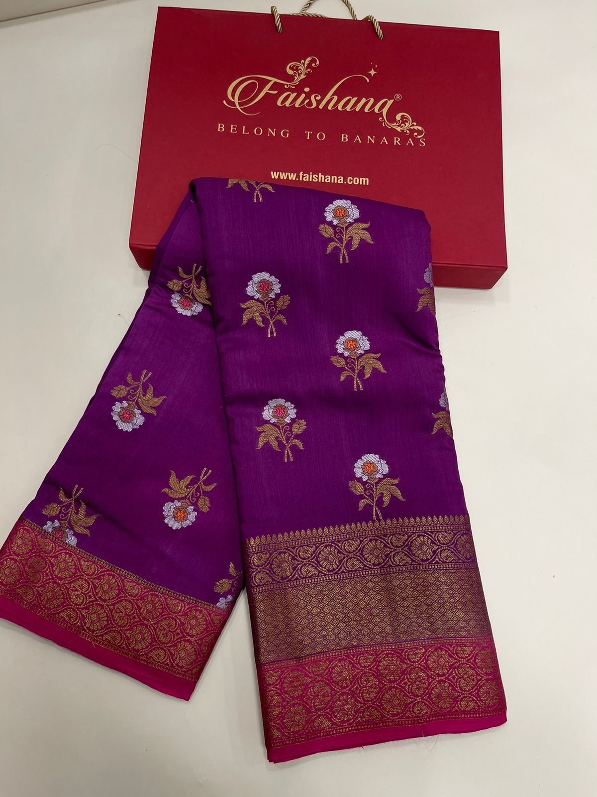 Faishana Pure Silk Handloom Purple Muga Silk Zari Mina Floral Booti Contrast Magenta Anchal Copper Zari Border Banarasi Saree with Magenta Blouse