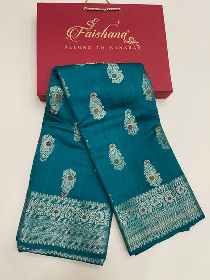 Exquisite Elegance: Faishana Pure Silk Handloom Sea Green Munga Silk Zari Mina Booti with Minakari Jaal Anchal Zari Border Saree &amp; Sea green Blouse Piece