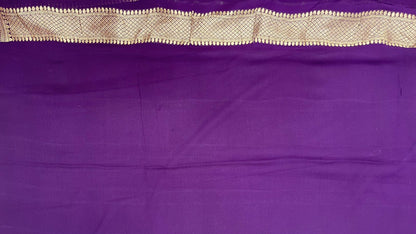 Faishana Pure Silk Handloom Exquisite Purple Khaddi Georgette Hand Brush Floral Zari Kadhwa Jaal with Banarasi Zari Border with Purple Blouse