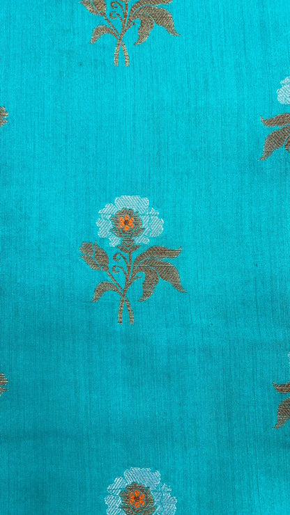 Faishana Pure Silk Handloom Sea Green Muga Silk Zari Mina Floral Booti Contrast Navy Blue Anchal Copper Zari Border Banarasi Saree with Navy Blouse
