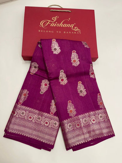 Faishana Pure Silk Handloom Pink Pure Muga Silk Zari Mina Booti Minakari Jaal Pallu with Minakari Zari Border Banarasi Saree with Pink Blouse