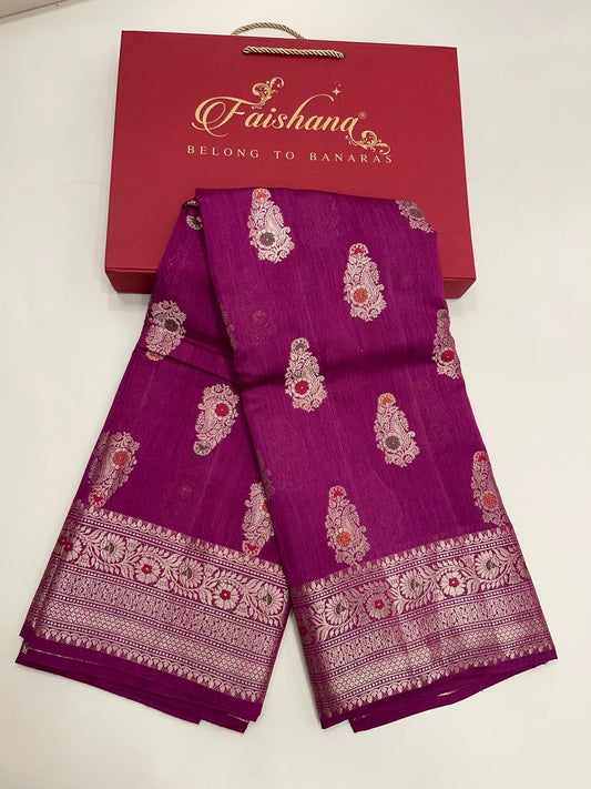 Faishana Pure Silk Handloom Pink Pure Muga Silk Zari Mina Booti Minakari Jaal Pallu with Minakari Zari Border Banarasi Saree with Pink Blouse