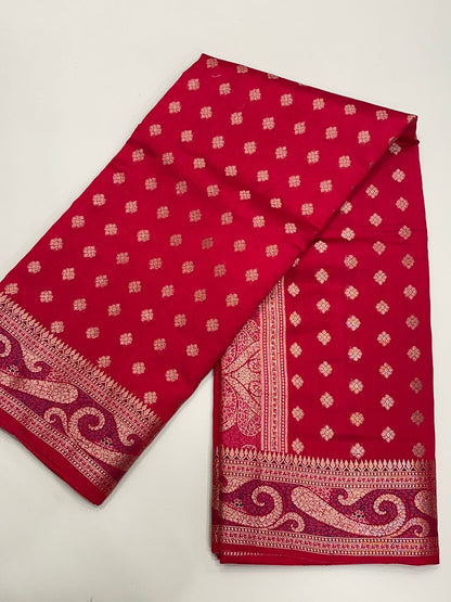 Regal Elegance: Faishana's Exquisite Pure Silk Handloom Red Chiniya Silk Saree with Gold Zari Booti & Tilfi Anchal with Tilfi Zari Border and with Red Blouse