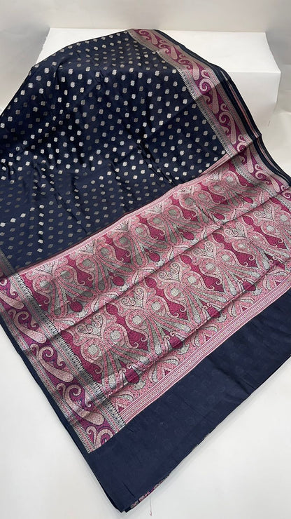 Classic Elegance: Faishana's Pure Silk Handloom Black Chiniya Silk with Gold Zari Booti and Tilfi Anchal Zari Border with Black Blouse Piece