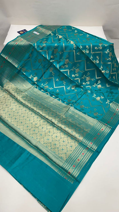 Oceanic Elegance: Faishana's Pure Silk Handloom Sea Green Pure Chiniya Silk Tilfi Zari Jaal Zig-Zag Saree with Minakari Zari Border with Sea Green Blouse Piece