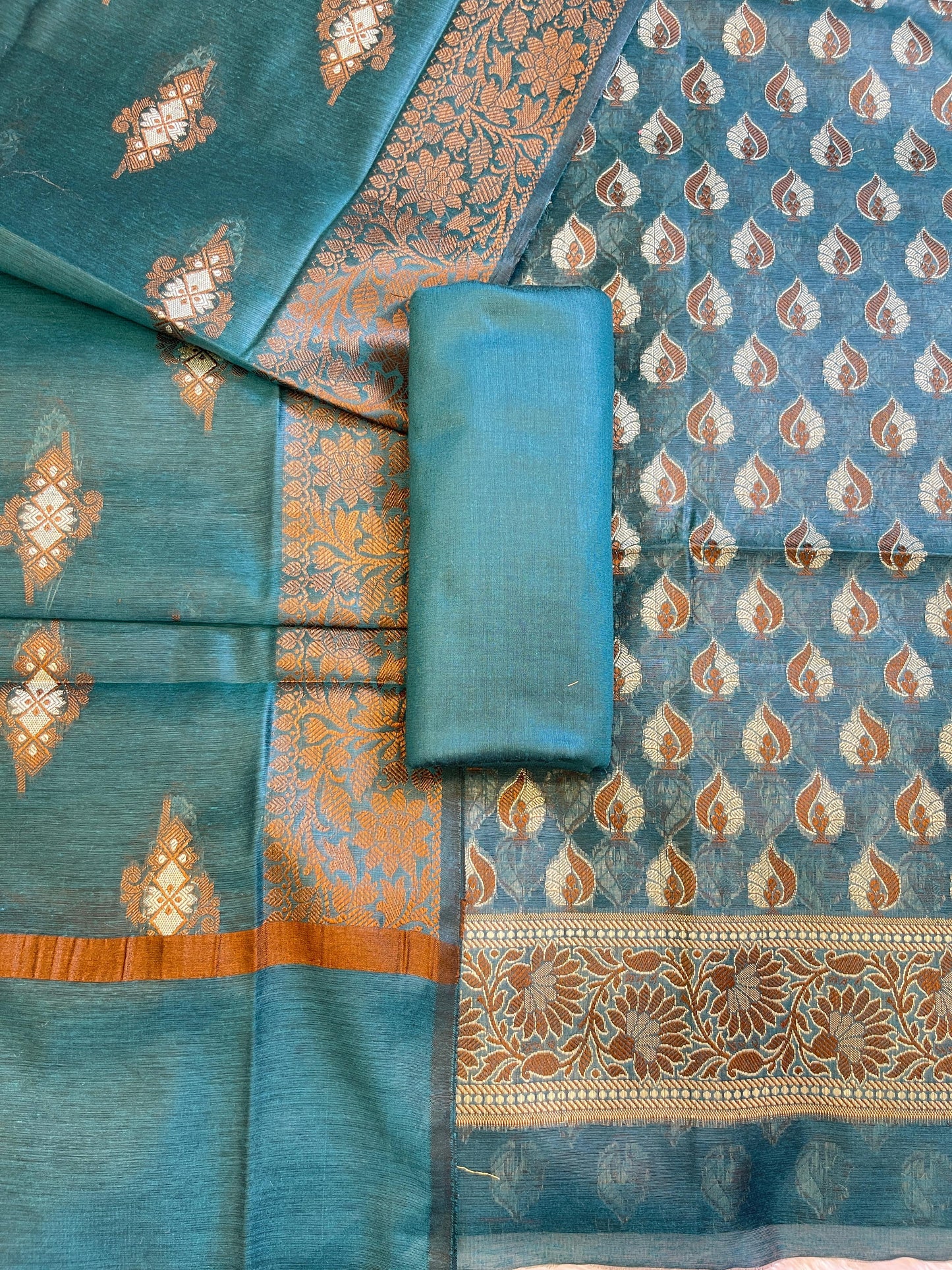 Seagreen Cotton Floral Resham Mina Booti Banarasi 3 pcs Suit Set 700AJ_CT4