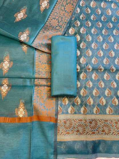 Seagreen Cotton Floral Resham Mina Booti Banarasi 3 pcs Suit Set 700AJ_CT4