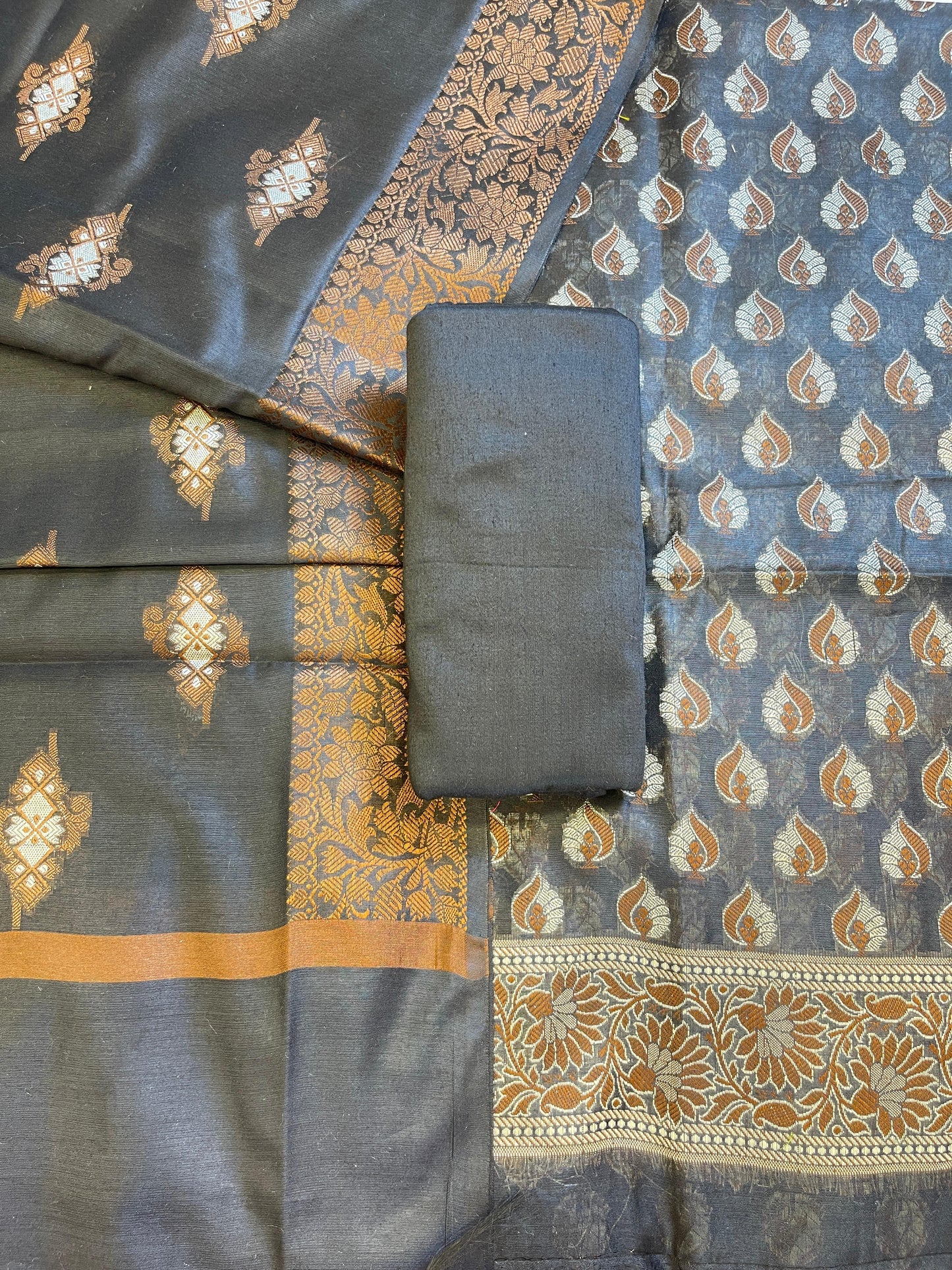 Black Cotton Floral Resham Mina Booti Banarasi 3 pcs Suit Set 700AJ_CT5