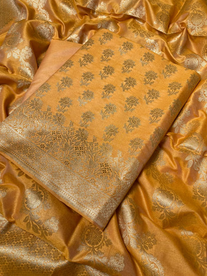 Gold Cotton Silk Floral Zari Booti Banarasi Suit with Leheriya Zari Jaal Dupatta 700ARS_TPS1