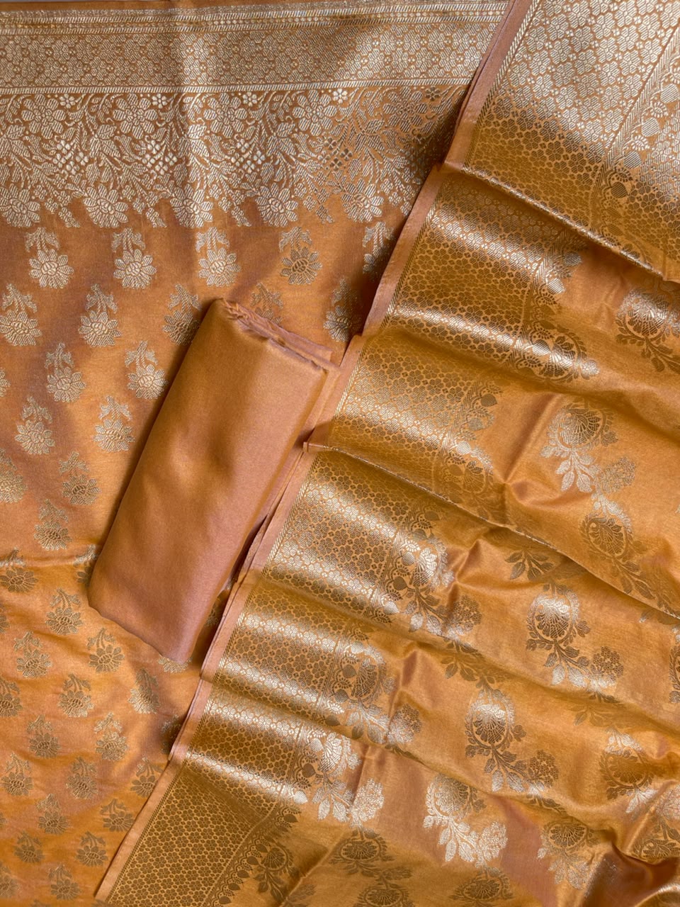 Gold Cotton Silk Floral Zari Booti Banarasi Suit with Leheriya Zari Jaal Dupatta 700ARS_TPS1