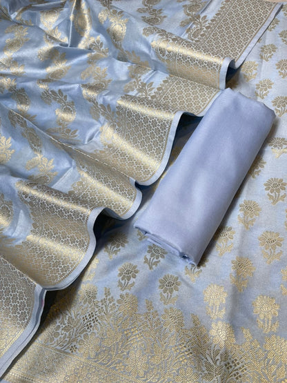 Sky Blue Cotton Silk Floral Zari Booti Banarasi Suit with Leheriya Zari Jaal Dupatta 700ARS_TPS4