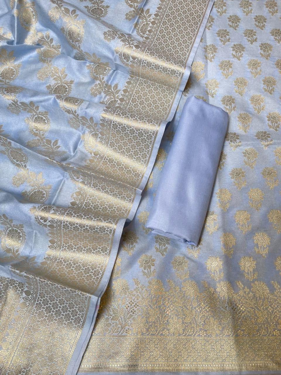 Sky Blue Cotton Silk Floral Zari Booti Banarasi Suit with Leheriya Zari Jaal Dupatta 700ARS_TPS4