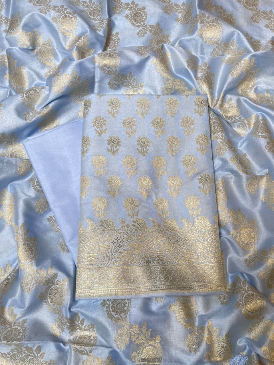 Sky Blue Cotton Silk Floral Zari Booti Banarasi Suit with Leheriya Zari Jaal Dupatta 700ARS_TPS4