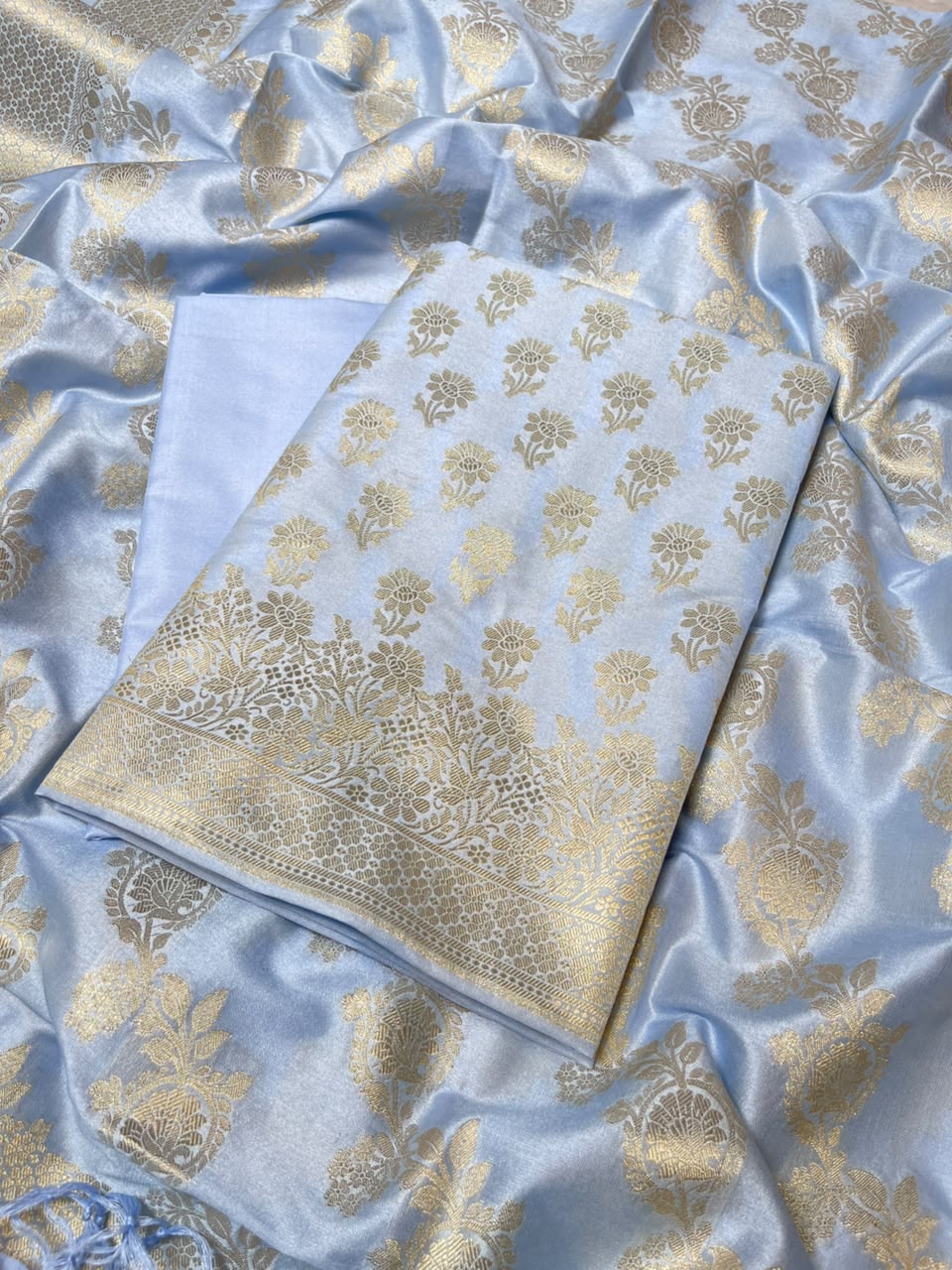 Sky Blue Cotton Silk Floral Zari Booti Banarasi Suit with Leheriya Zari Jaal Dupatta 700ARS_TPS4