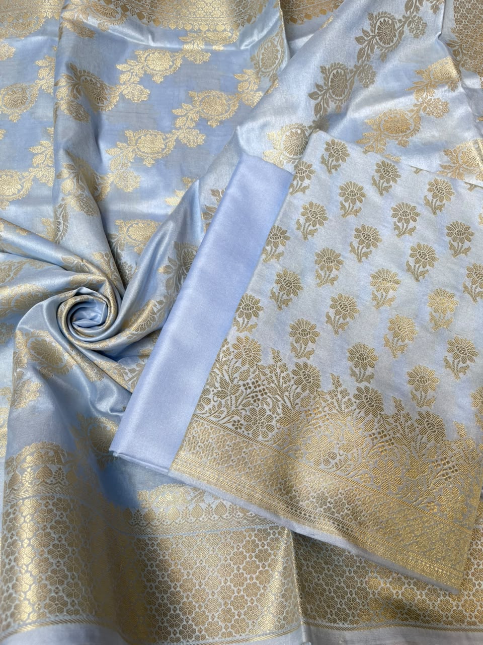 Sky Blue Cotton Silk Floral Zari Booti Banarasi Suit with Leheriya Zari Jaal Dupatta 700ARS_TPS4