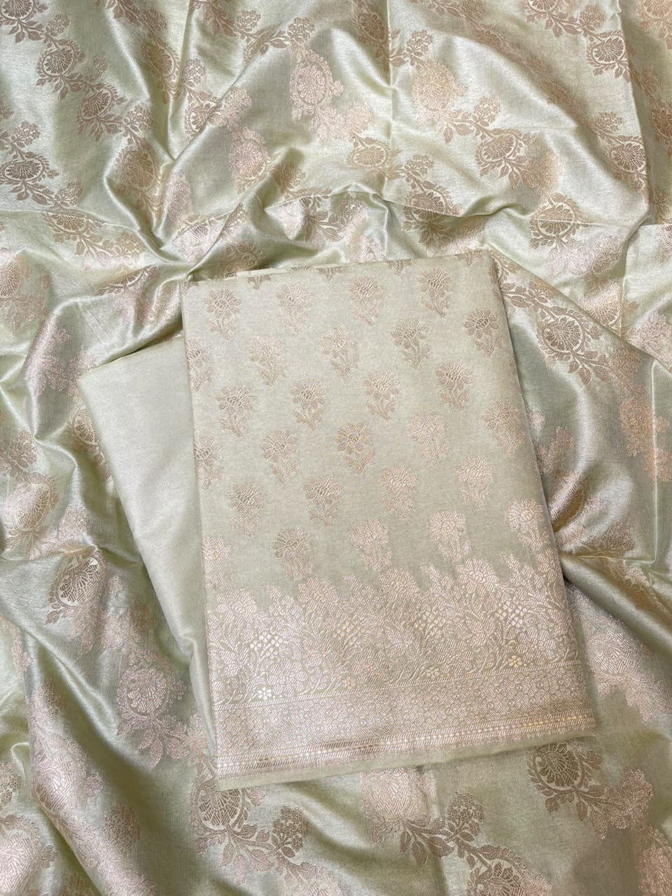 Light Green Cotton Silk Floral Zari Booti Banarasi Suit with Leheriya Zari Jaal Dupatta 700ARS_TPS7