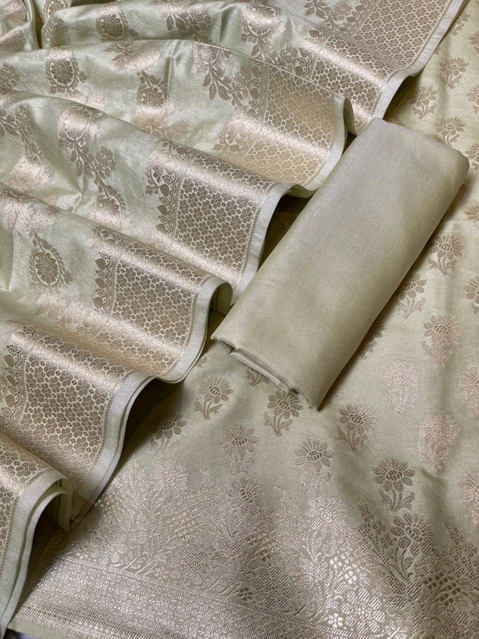 Light Green Cotton Silk Floral Zari Booti Banarasi Suit with Leheriya Zari Jaal Dupatta 700ARS_TPS7