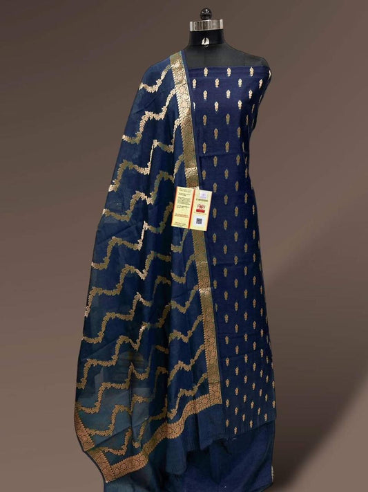 Navy Blue Katan Silk Floral Zari Booti with Zig-Zag Dupatta Banarasi Suit  700SKL_KS50