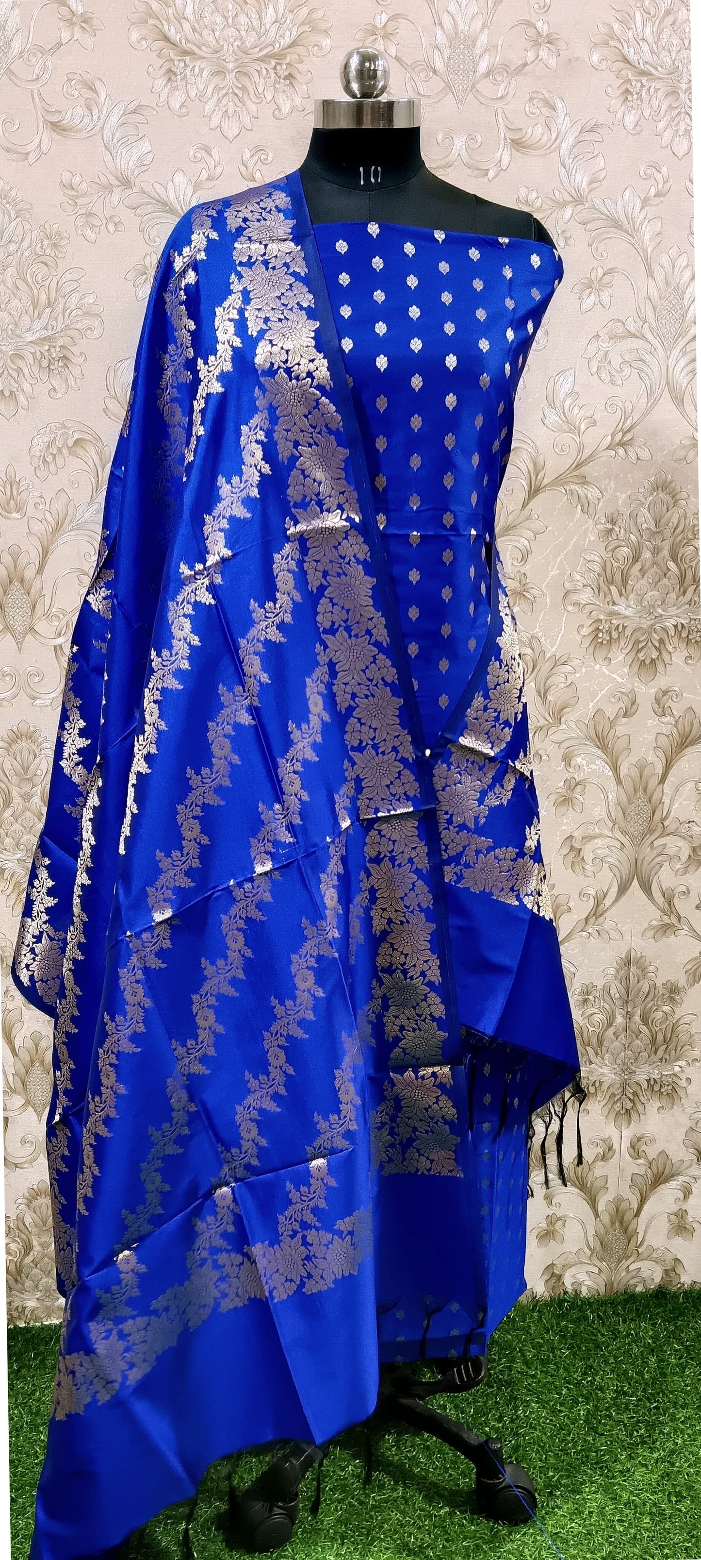 Blue Katan Silk Floral Zari Booti with Aada Stripe Dupatta Banarasi Suit 700SKL_KS50