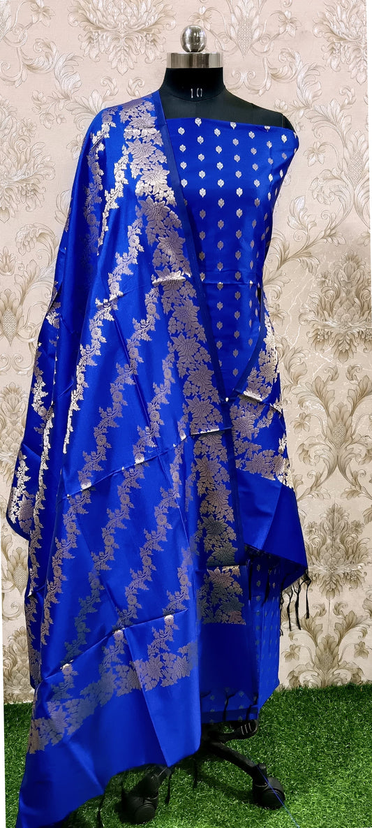 Blue Katan Silk Floral Zari Booti with Aada Stripe Dupatta Banarasi Suit 700SKL_KS50