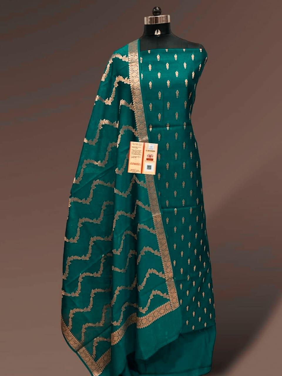 Seagreen Katan Silk Floral Zari Booti with Zig-Zag Dupatta Banarasi Suit  700SKL_KS51