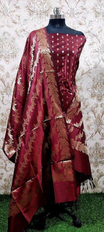 Burgundy Katan Silk Floral Zari Booti with Aada Stripe Dupatta Banarasi Suit 700SKL_KS51