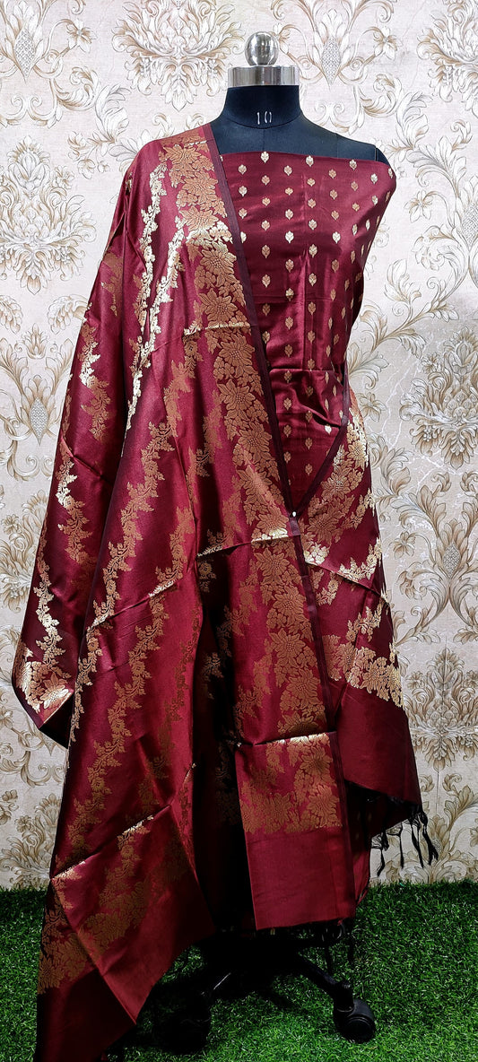 Burgundy Katan Silk Floral Zari Booti with Aada Stripe Dupatta Banarasi Suit 700SKL_KS51