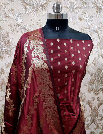 Burgundy Katan Silk Floral Zari Booti with Aada Stripe Dupatta Banarasi Suit 700SKL_KS51