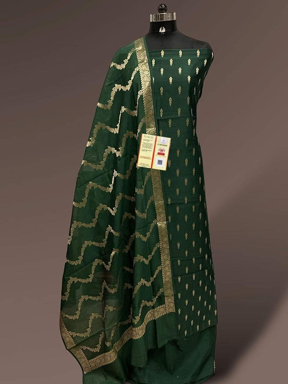 Dark Green Katan Silk Floral Zari Booti with Zig-Zag Dupatta Banarasi Suit  700SKL_KS52