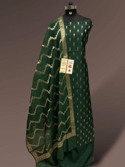 Dark Green Katan Silk Floral Zari Booti with Zig-Zag Dupatta Banarasi Suit  700SKL_KS52