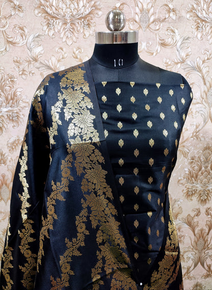 Black Katan Silk Floral Zari Booti with Aada Stripe Dupatta Banarasi Suit 700SKL_KS52