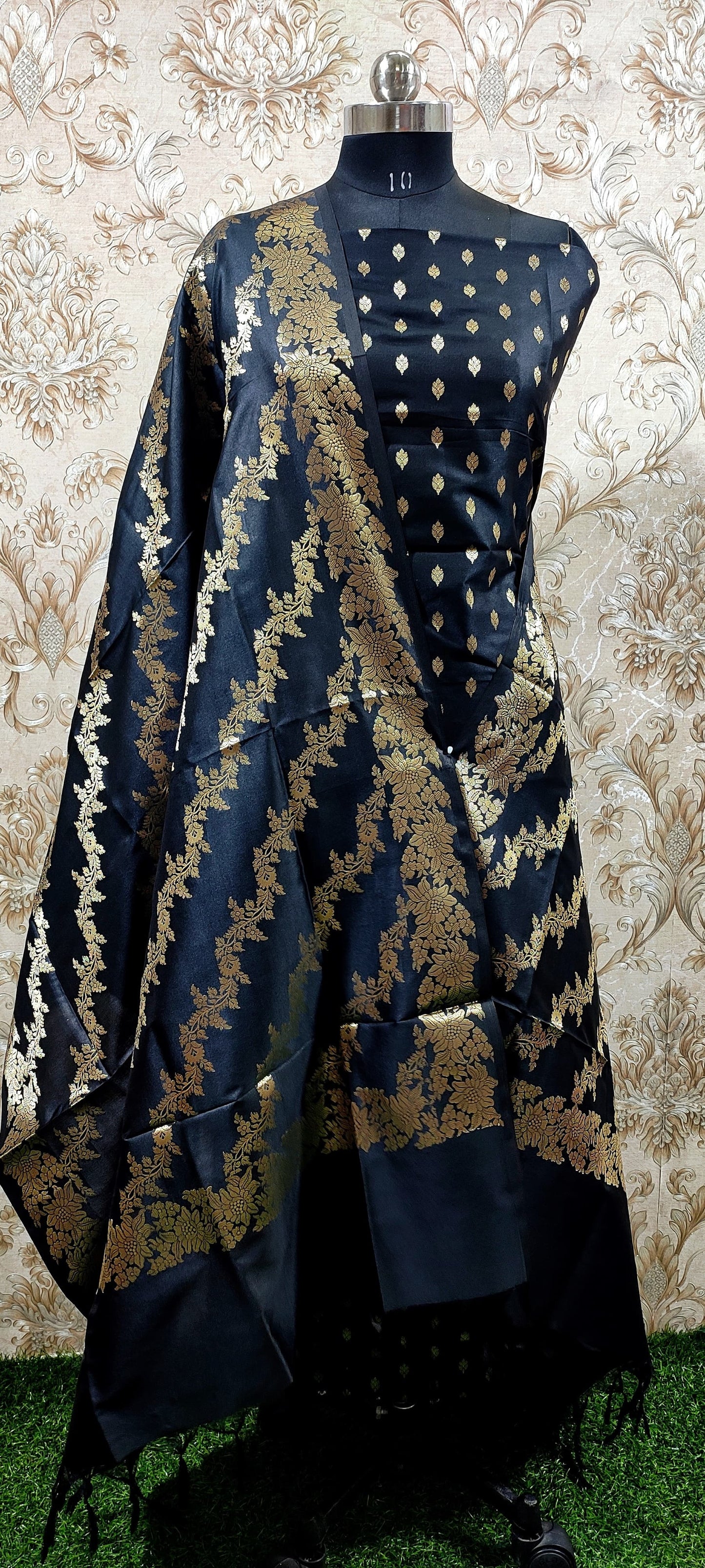 Black Katan Silk Floral Zari Booti with Aada Stripe Dupatta Banarasi Suit 700SKL_KS52