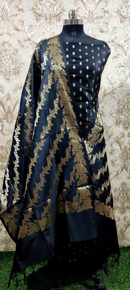 Black Katan Silk Floral Zari Booti with Aada Stripe Dupatta Banarasi Suit 700SKL_KS52