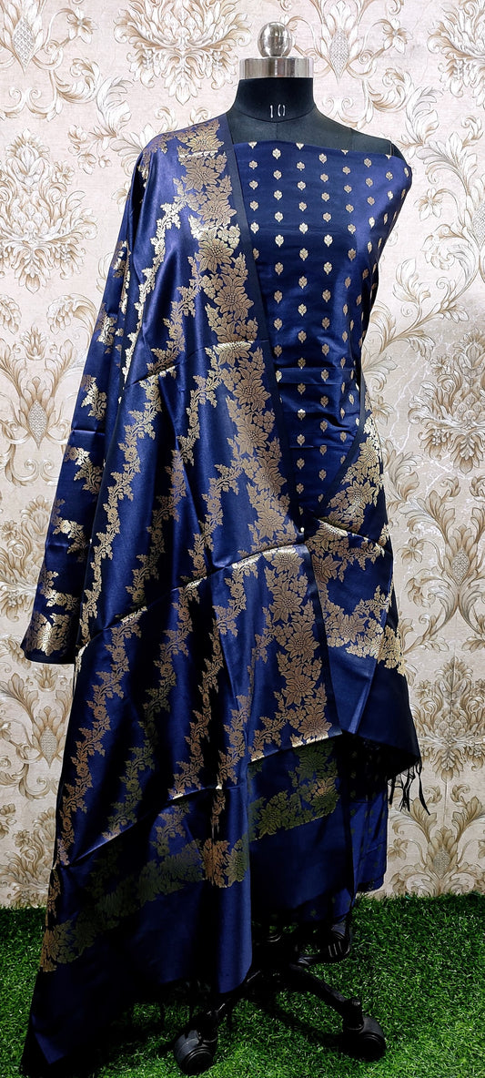 Navy Blue Katan Silk Floral Zari Booti with Aada Stripe Dupatta Banarasi Suit 700SKL_KS53