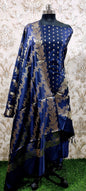 Navy Blue Katan Silk Floral Zari Booti with Aada Stripe Dupatta Banarasi Suit 700SKL_KS53
