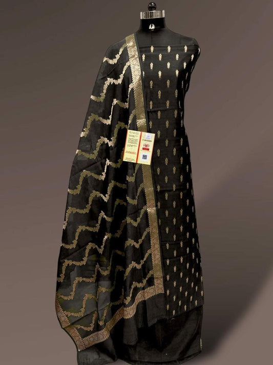 Black Katan Silk Floral Zari Booti with Zig-Zag Dupatta Banarasi Suit  700SKL_KS54