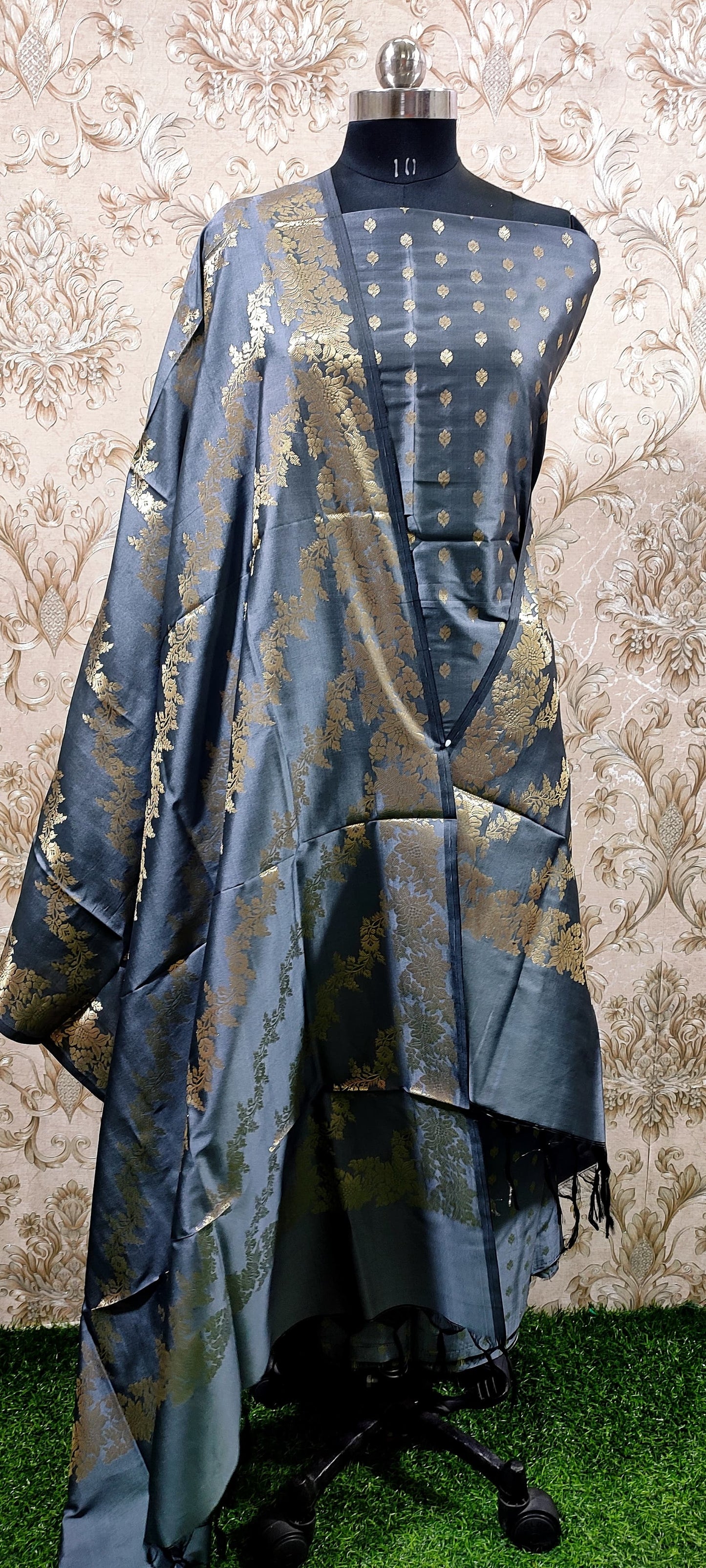 Grey Katan Silk Floral Zari Booti with Aada Stripe Dupatta Banarasi Suit 700SKL_KS54