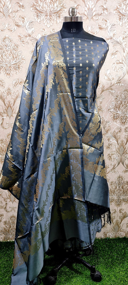 Grey Katan Silk Floral Zari Booti with Aada Stripe Dupatta Banarasi Suit 700SKL_KS54