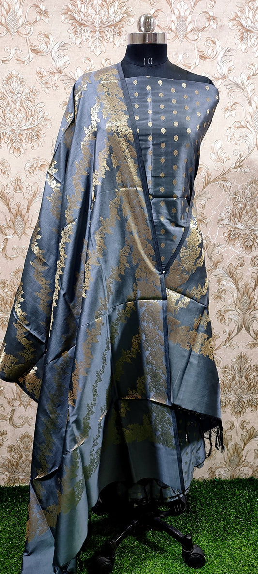 Grey Katan Silk Floral Zari Booti with Aada Stripe Dupatta Banarasi Suit 700SKL_KS54