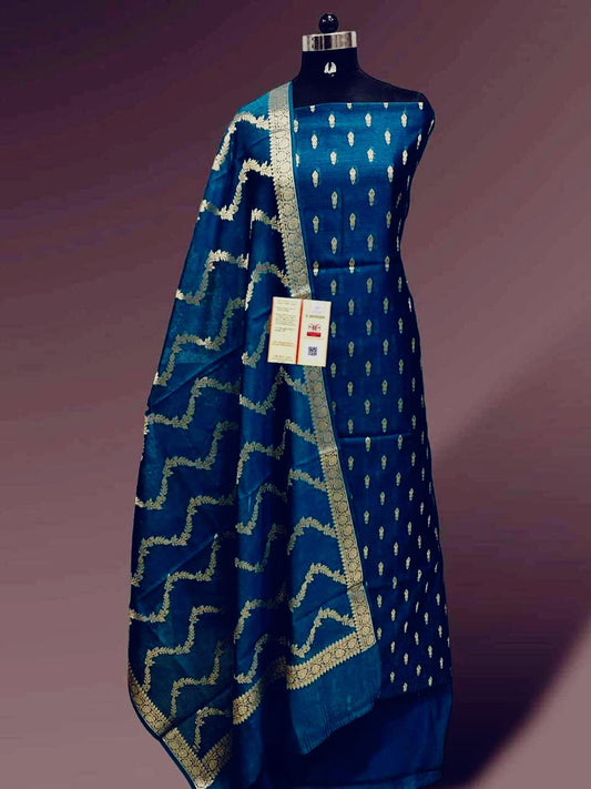 Blue Katan Silk Floral Zari Booti with Zig-Zag Dupatta Banarasi Suit  700SKL_KS55