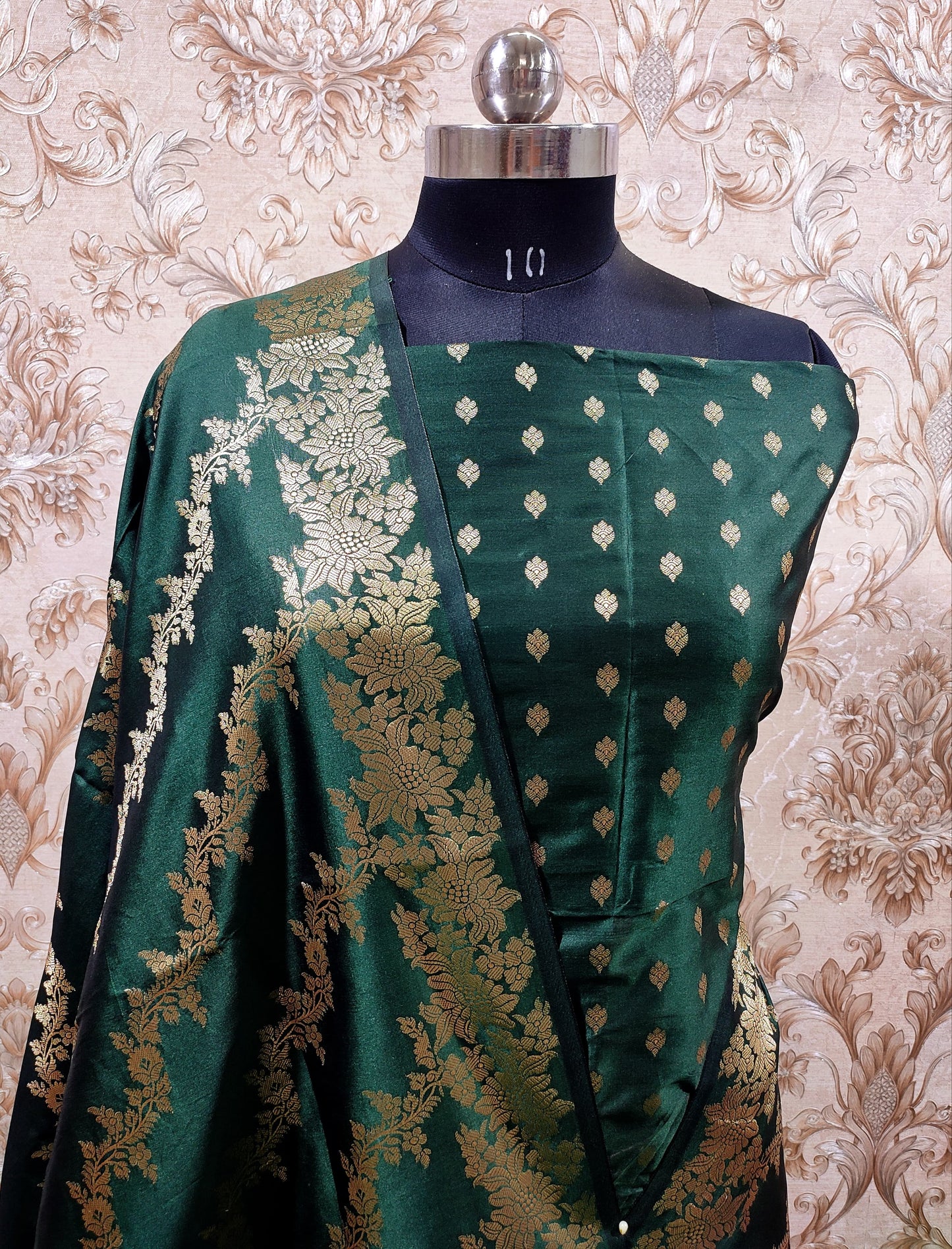 Dark Green Katan Silk Floral Zari Booti with Aada Stripe Dupatta Banarasi Suit 700SKL_KS55