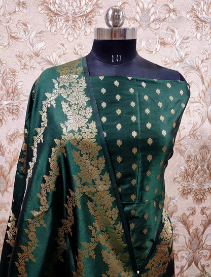 Dark Green Katan Silk Floral Zari Booti with Aada Stripe Dupatta Banarasi Suit 700SKL_KS55