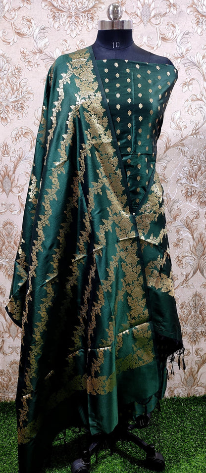 Dark Green Katan Silk Floral Zari Booti with Aada Stripe Dupatta Banarasi Suit 700SKL_KS55