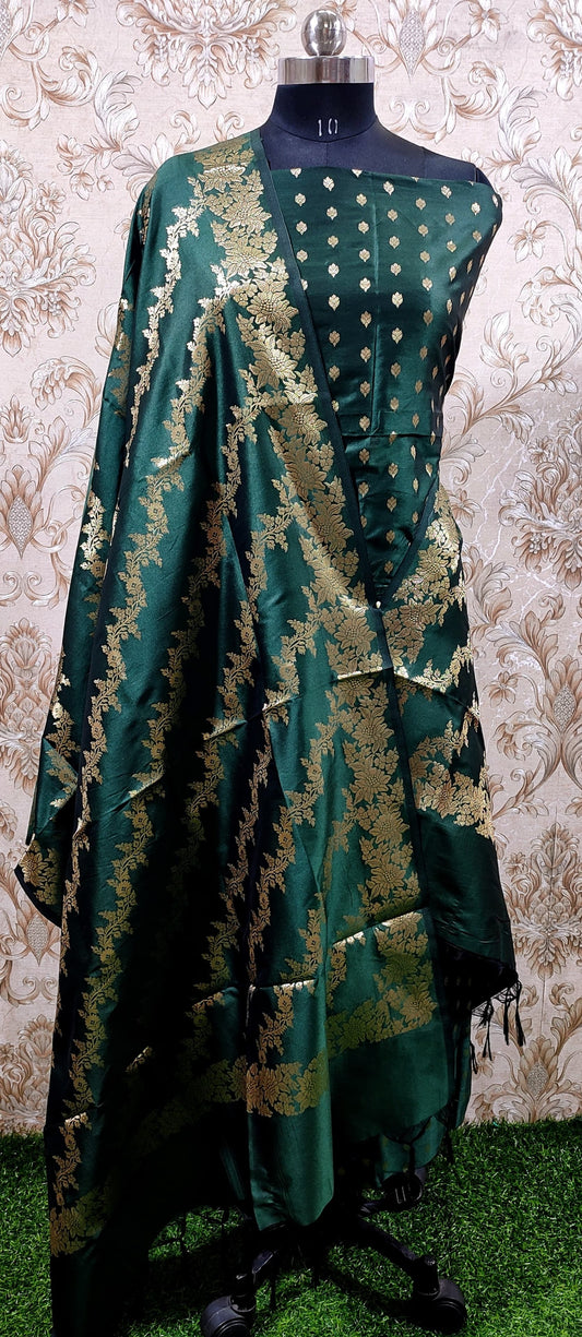Dark Green Katan Silk Floral Zari Booti with Aada Stripe Dupatta Banarasi Suit 700SKL_KS55